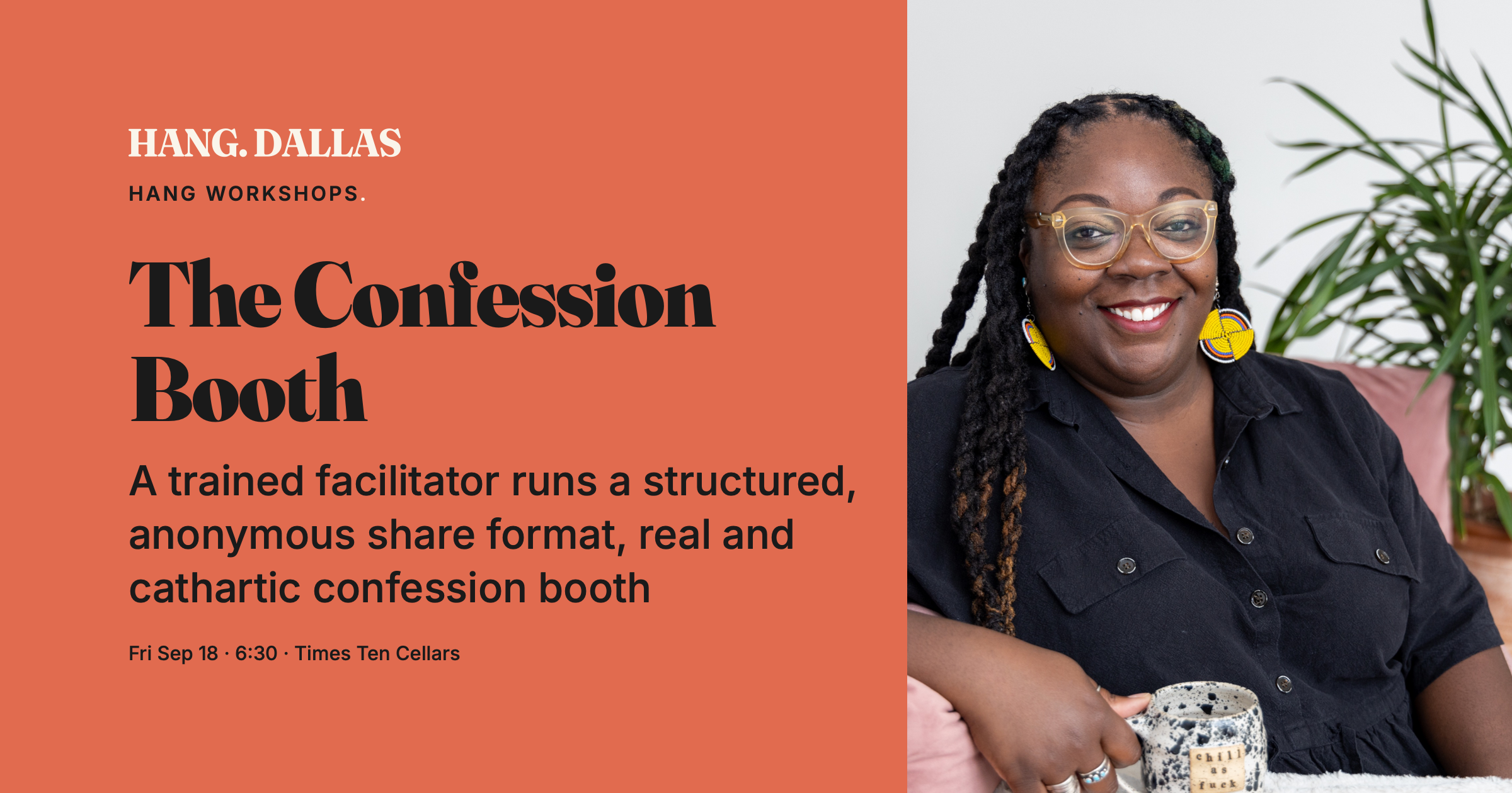 Event cover for The Confession Booth featuring Morenike Olorunnisomo, part of the Hang Workshops series at Times Ten Cellars in Dallas
