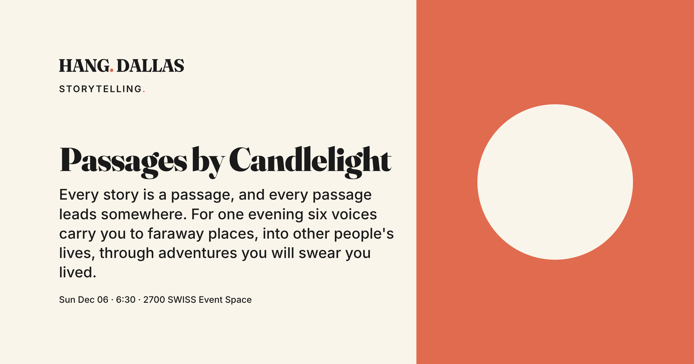Event cover for Passages by Candlelight, part of the Storytelling series at 2700 SWISS Event Space in Dallas